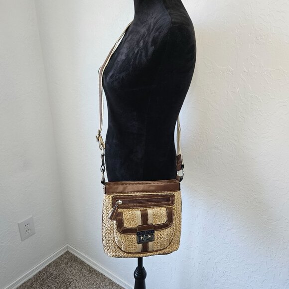Chaps Handbags - Chaps Straw & Faux Leather Crossbody Bag satchel purse Boho Cottage core Hippie